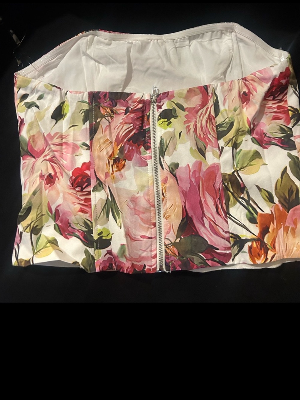 Fashion Nova White Floral Strapless Bustier Top with Pink & Green Print